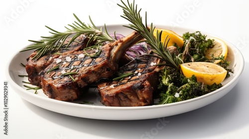 Grilled lamb chops on a white plate with rosemary, lemon wedges, and red onion slices.