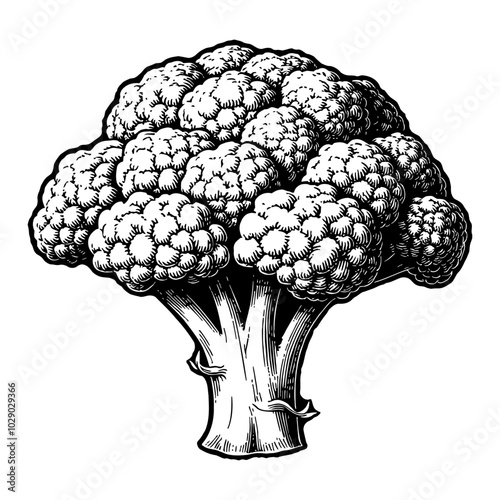 Broccoli Illustration in Detailed Black and White Outline Line Art Drawing with Textured Stalks