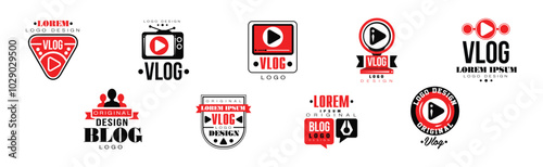 Vlog Logo and Label Design with Red and Black Vector Set