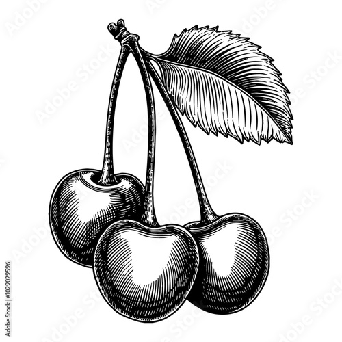 Cherries with Stem and Leaf in Vintage Black and White Outline Line Art Drawing Illustration