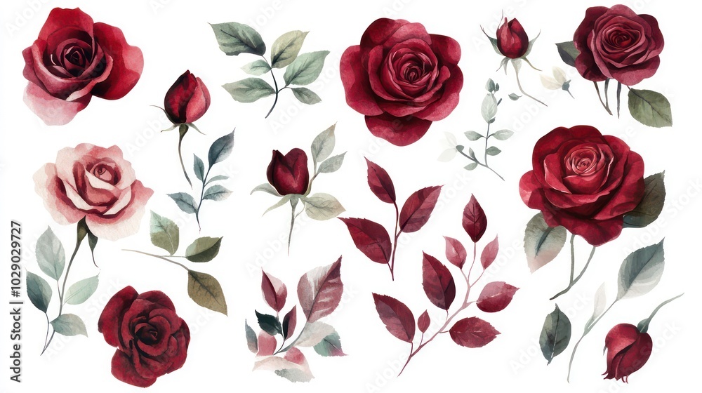 A collection of red, pink, and green roses and leaves, perfect for adding a touch of romanticism to your design projects.