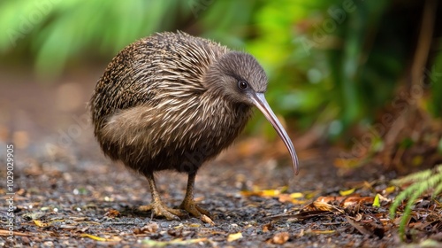 A kiwi bird walking in its natural habitat with its long beak.