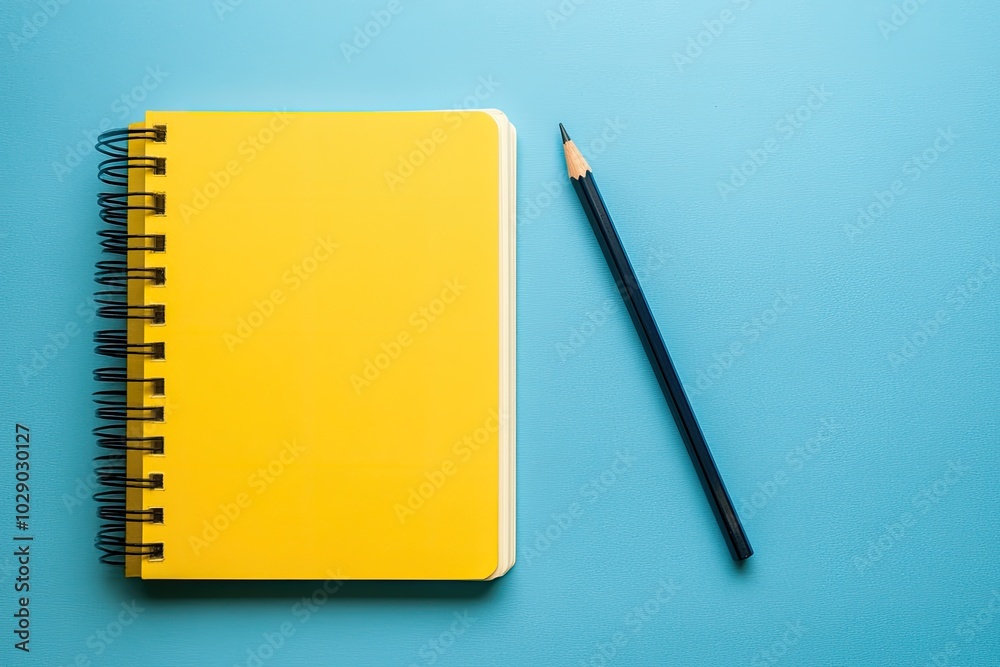 A yellow spiral notebook with a pencil on top of it