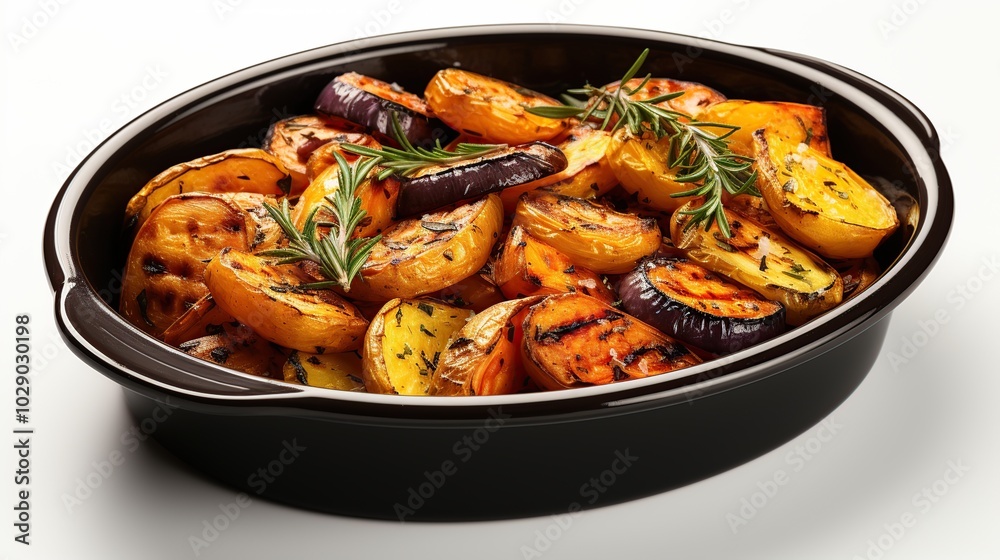 Roasted vegetables with rosemary in a black baking dish on a white background. Roasted vegetables with rosemary in a black baking dish on a white background.