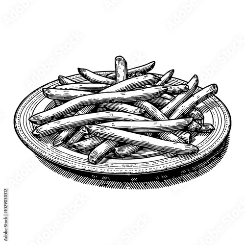 French Fries on a Plate Detailed Black and White Outline Line Art Drawing with Intricate Design
