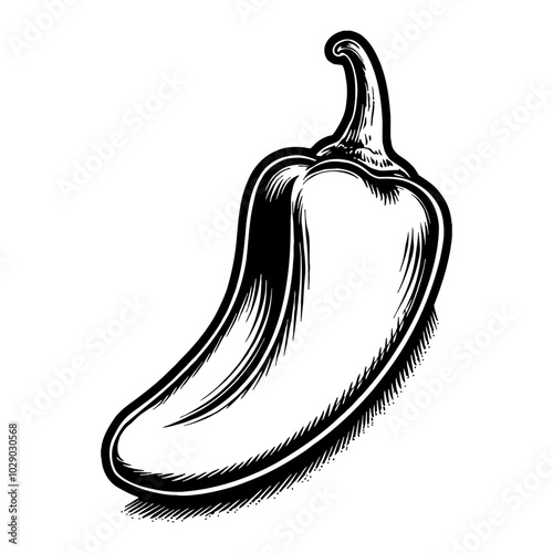 Jalapeno Pepper in Black and White Outline Line Art Drawing with Detailed Vintage Style