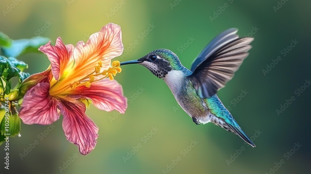 A hummingbird hovering next to a flower, sipping nectar. A hummingbird hovering next to a flower, sipping nectar.