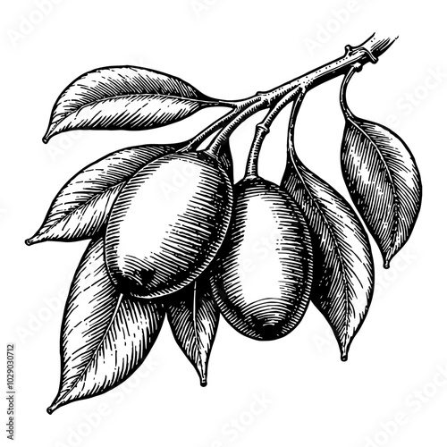 Olives with Leaves in Detailed Black and White Outline Line Art Drawing Illustration