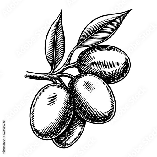 Olive Branch with Detailed Black and White Outline Line Art Drawing of Leaves and Fruits