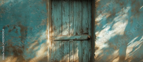 An old wooden door with a weathered teal blue paint finish stands against a wall with a similar colour.  photo