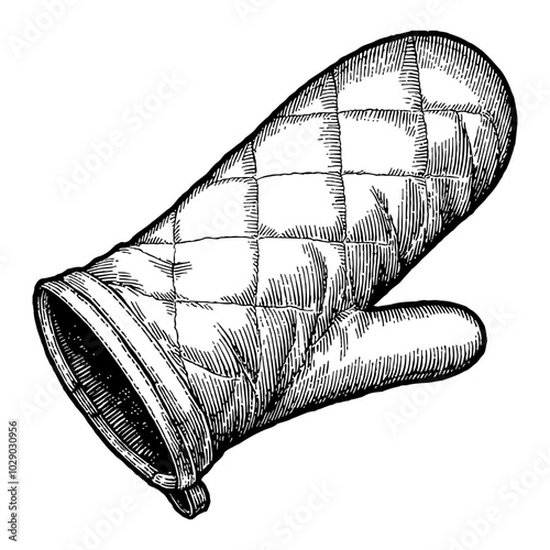 Oven Mitt Glove with Quilted Pattern in Black and White Outline Line Art Drawing Style