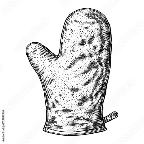 Oven Mitt in Vintage Style Black and White Outline Line Art Drawing with Detailed Texture