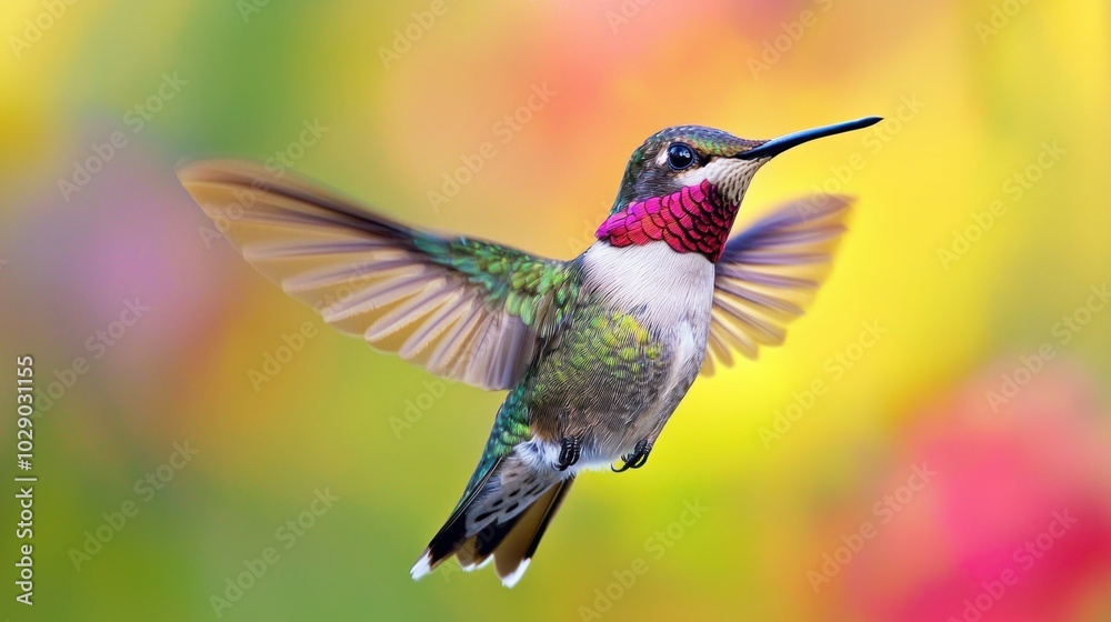 Fototapeta premium A close-up of a hummingbirdâ€™s iridescent feathers as it flutters.