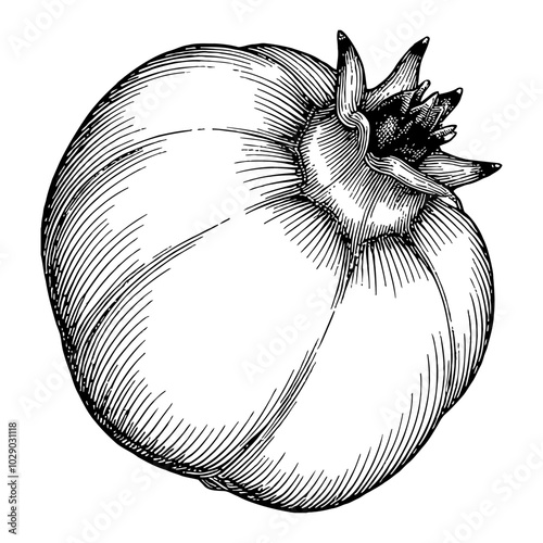 Pomegranate Fruit in Detailed Vintage Black and White Outline Line Art Drawing with Textured Details