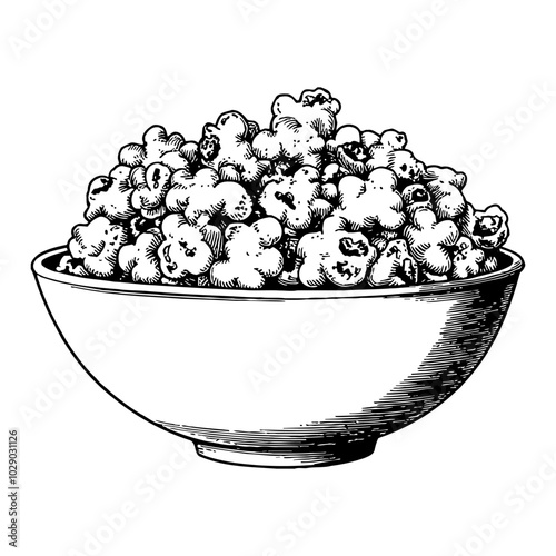 Popcorn in a Bowl in Classic Detailed Black and White Outline Line Art Drawing Style