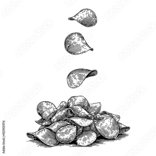 Crispy Potato Chips Falling in Black and White Outline Line Art Drawing with Vintage Style