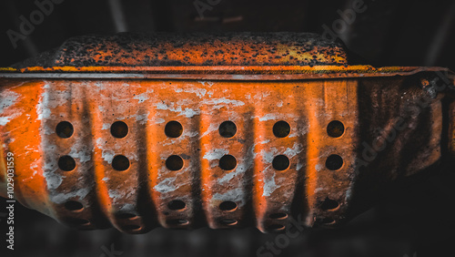 Macro close-up of catalytic converter painted as theft deterrent