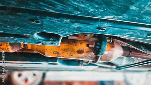 Canvas Print Close-up of old exhaust resonator on exhaust system of vehicle