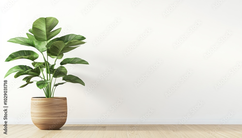 A simple, elegant plant in a wooden pot on a wooden floor against a white wall. A simple, elegant plant in a wooden pot on a wooden floor against a white wall.