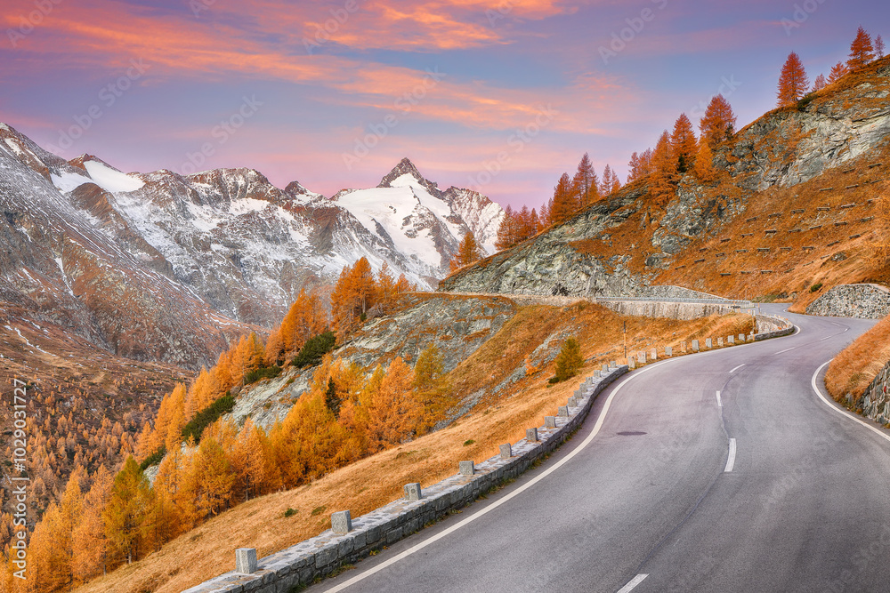 Fantastic autumn landscape at Grossglockner High Alpine Road with Grossglockner mountaine