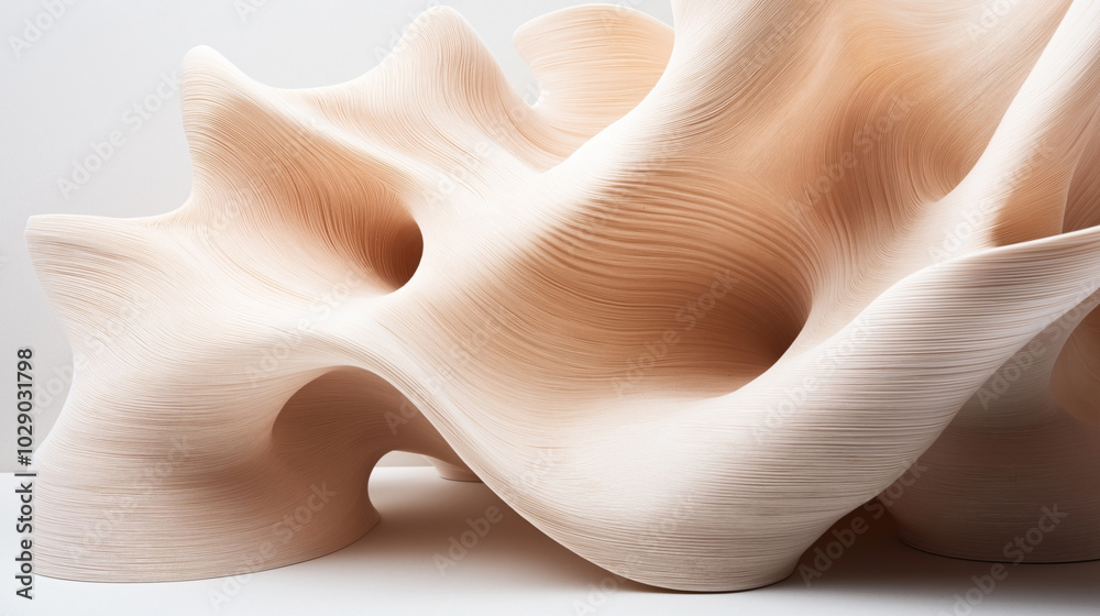 Abstract sculptural form with smooth, flowing curves and textured surface resembling organic shapes in a neutral color palette Abstract sculptural form with smooth, flowing curves and textured surface resembling organic shapes in a neutral color palette