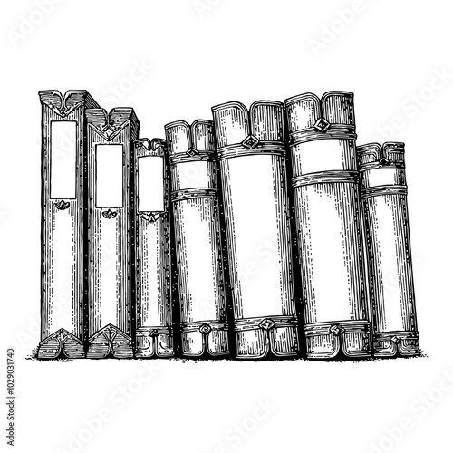 Row of Books in Vintage Black and White Outline Line Art Drawing with Detailed Sketches