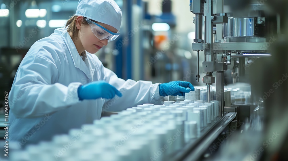 Female worker in lab coat and gloves operates machinery in manufacturing facility. Female worker in lab coat and gloves operates machinery in manufacturing facility.