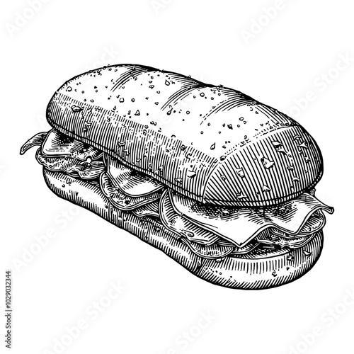 Sub Sandwich with Detailed Ingredients in Black and White Outline Line Art Drawing photo