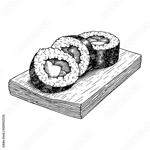 Sushi Roll on Wooden Board Detailed Black and White Outline Line Art Drawing Illustration