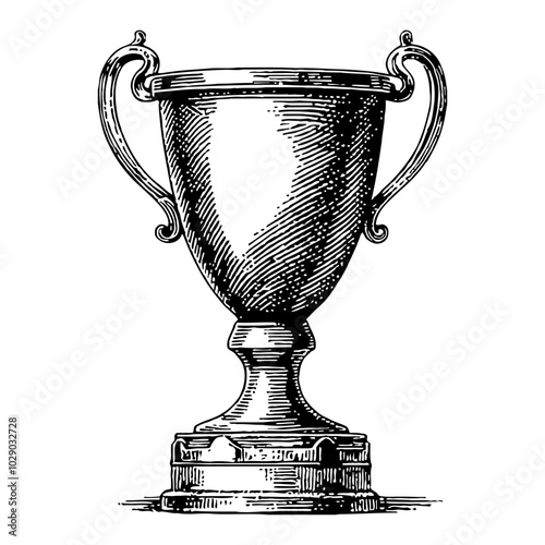 Vintage Trophy Cup Detailed Black and White Outline Line Art Drawing with Handles and Base