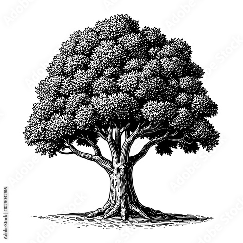 Big Maple Tree in Vintage Style Black and White Outline Line Art Drawing with Detailed Leaves