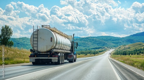 A large truck transporting hazardous chemicals through a rural area. photo