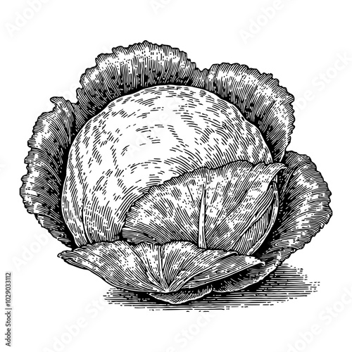 Cabbage Vegetable in Vintage Black and White Outline Line Art Drawing with Detailed Leaves