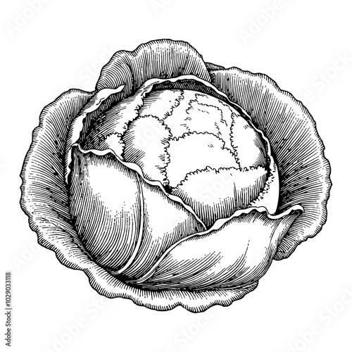 Cabbage Vegetable in Detailed Vintage Black and White Outline Line Art Drawing Illustration