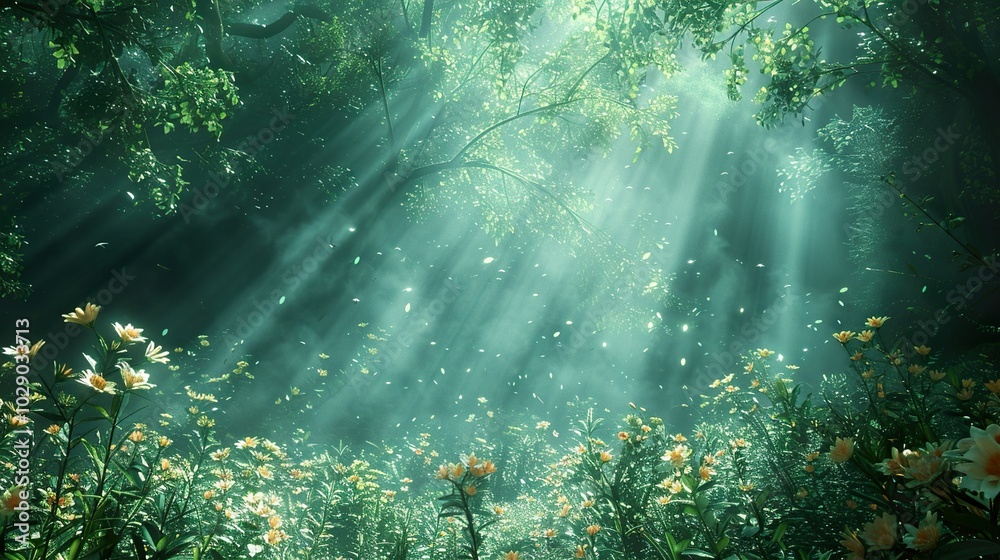 Fototapeta premium Enchanted Forest: Sunbeams Through Lush Greenery and Delicate Flowers