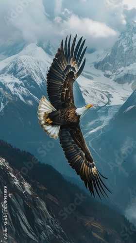 Majestic eagle soaring over a mountain range, 4K hyperrealistic photo photo