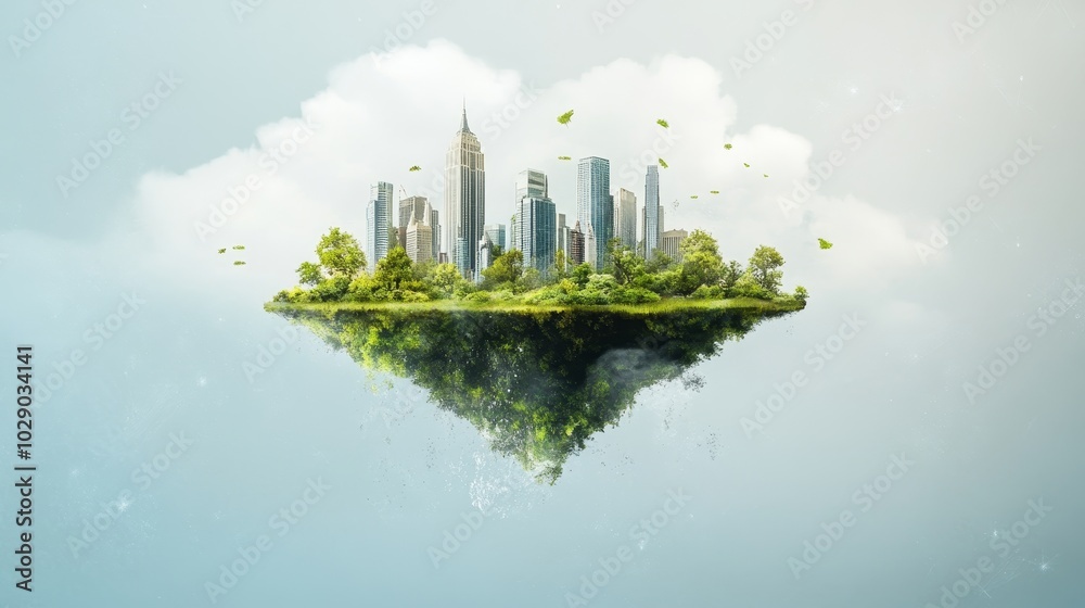 Floating green island city representing sustainable investment growth and long-term capital vision, vibrant urban landscape thriving in harmony.