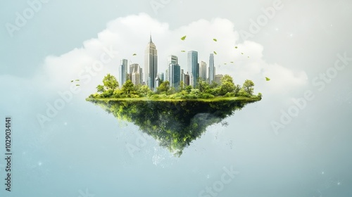 Floating green island city representing sustainable investment growth and long-term capital vision, vibrant urban landscape thriving in harmony.