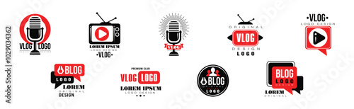 Vlog Logo and Label Design with Red and Black Vector Set