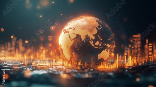 Holographic globe with business charts, showcasing global capital trends, financial analysis, investment strategies, market dynamics