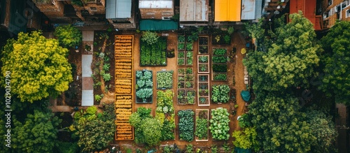 Aerial view of a lush urban garden with various crops and plants, surrounded by buildings.