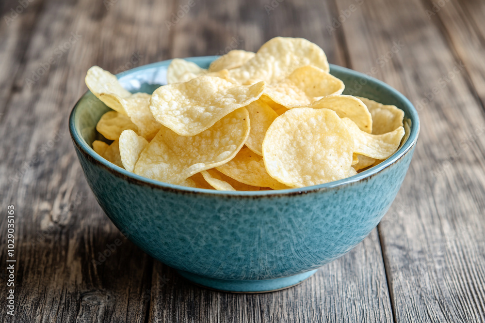 Blue bowl with yellow potato chips on a wooden background. Blue bowl with yellow potato chips on a wooden background.