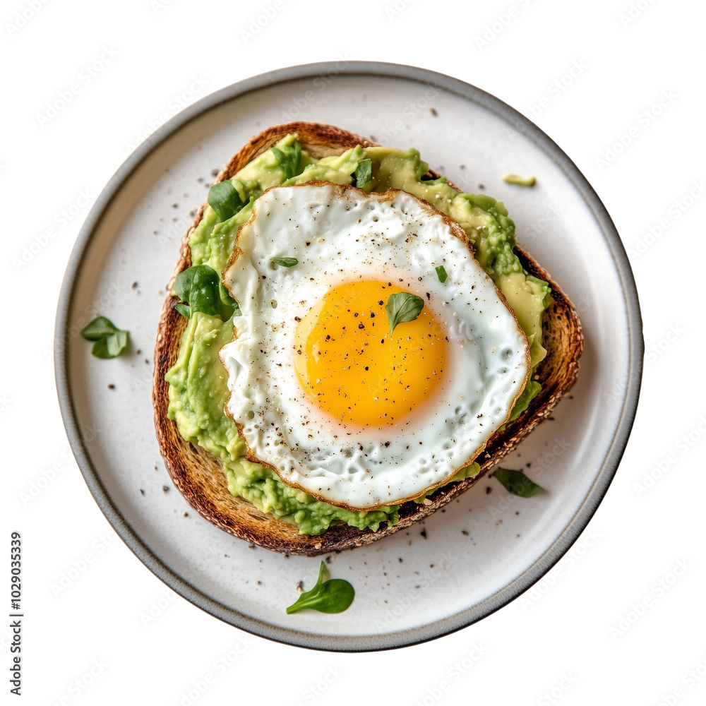 Delicious avocado toast topped with a perfectly fried egg, isolated on a transparent background Delicious avocado toast topped with a perfectly fried egg, isolated on a transparent background