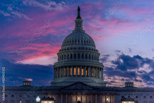 United States Capitol under a colorful sky at sunset
