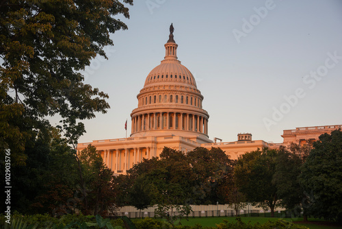 United States Capitol during an orange sunset