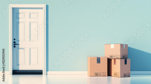 Packages by the door with shadows on the wall, delivery concept, background