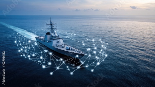 A naval ship sails through the ocean, integrated with advanced AI technology. The sunset casts a warm light over the scene, highlighting the riverside landmarks along its route. photo