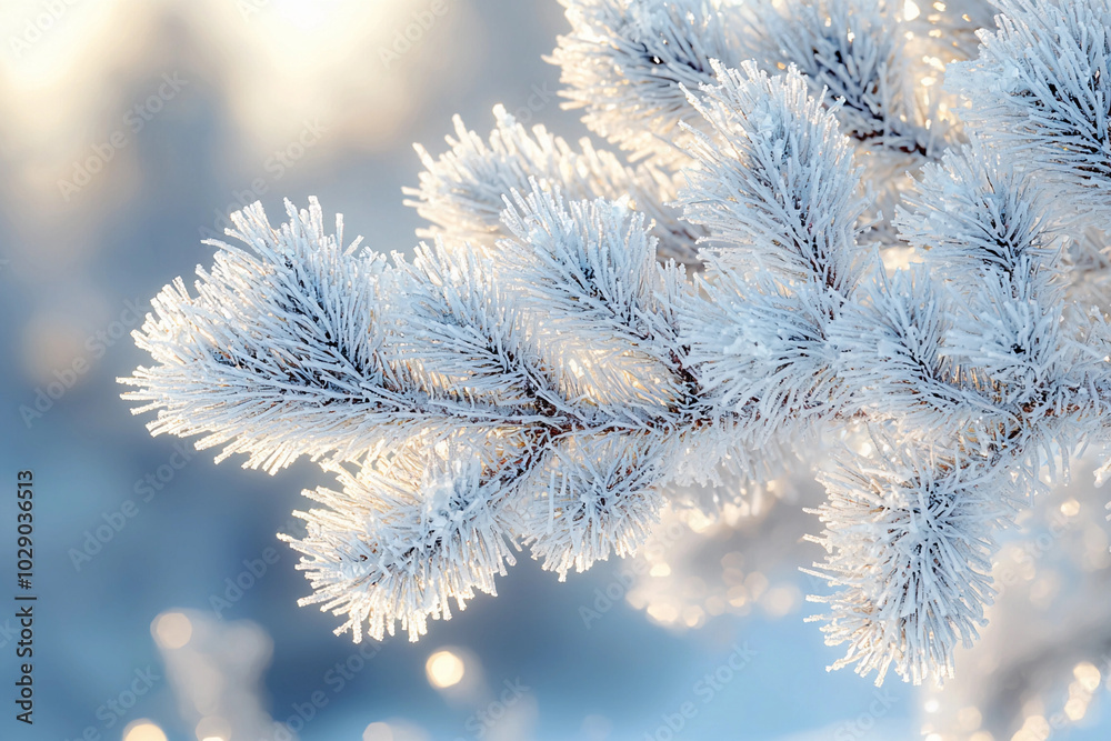 Frost-covered pine branch glimmers in winter sunlight at dawn Frost-covered pine branch glimmers in winter sunlight at dawn