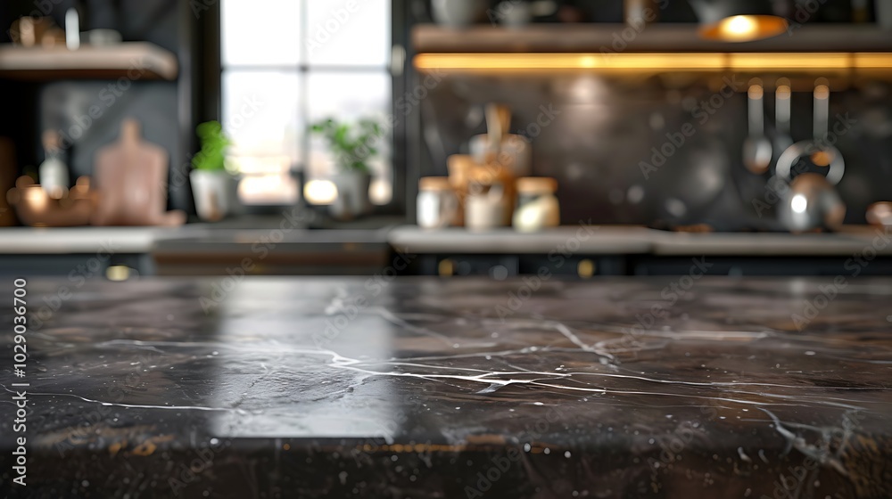 Empty black marble table top on blurred kitchen background for product display