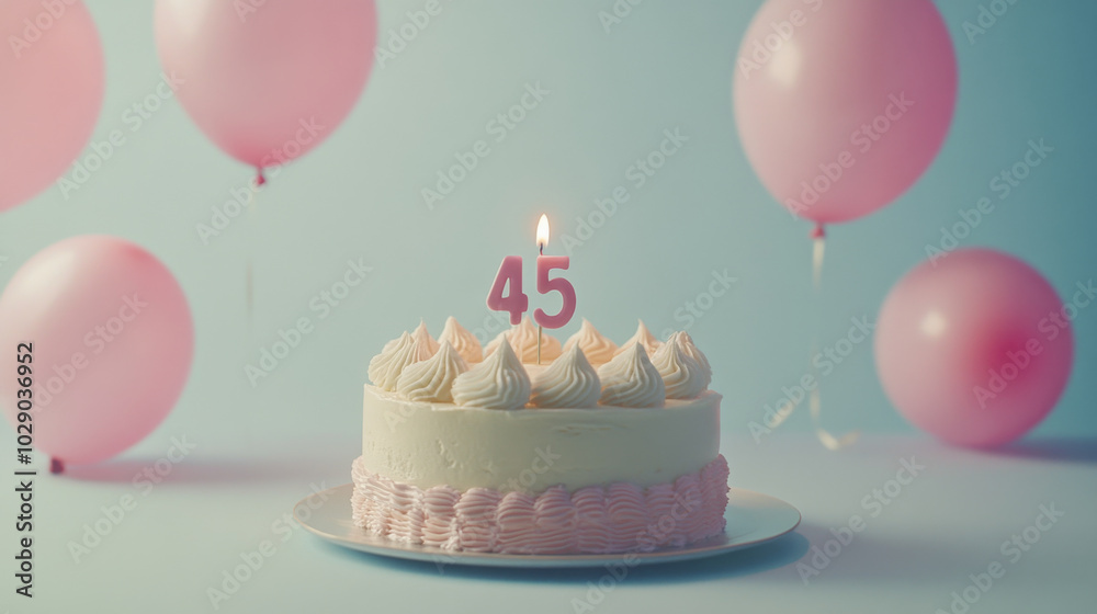Birthday cake with candles for 55 years, balloons in pastel background Birthday cake with candles for 55 years, balloons in pastel background